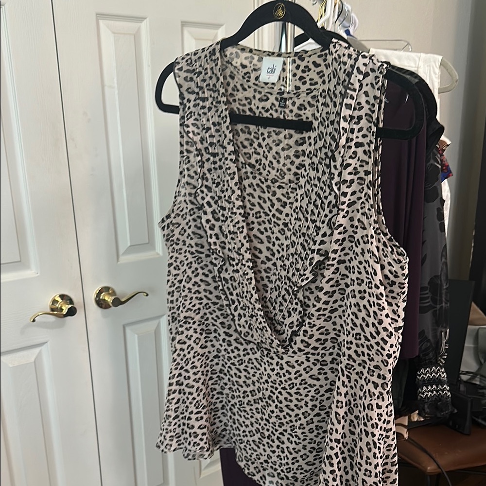 CAbi Black and White Asymmetrical Wrap Blouse
